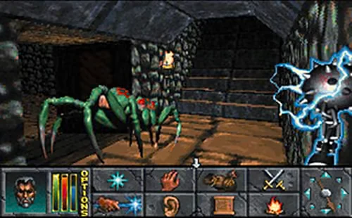 A giant spider encountered in a Daggerfall dungeon
