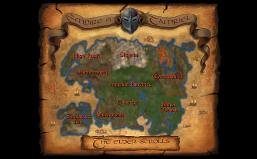 An original in-game Daggerfall screenshot showing the character in the Iliac Bay overworld with the map interface visible