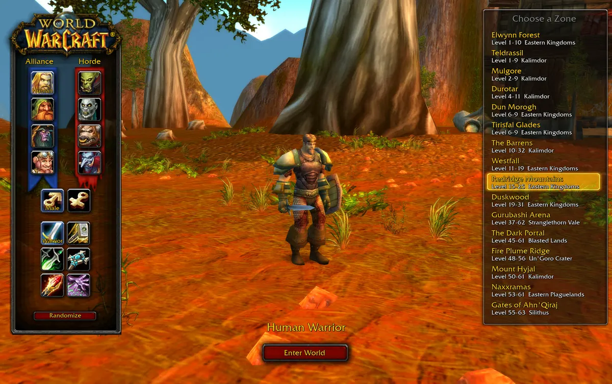 Azeroth Survivors character and zone selection screen with a Human Warrior
