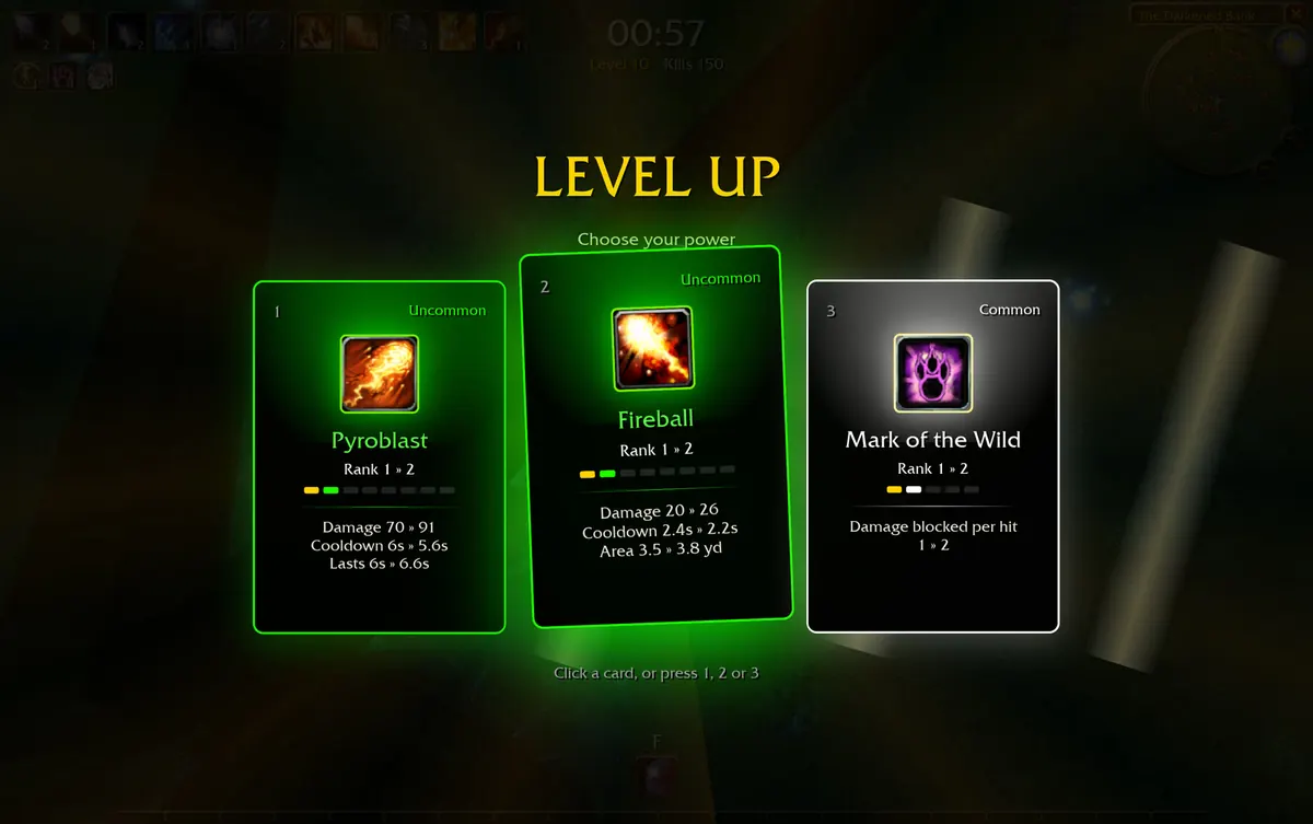 Three Azeroth Survivors level-up cards: Pyroblast, Fireball and Mark of the Wild