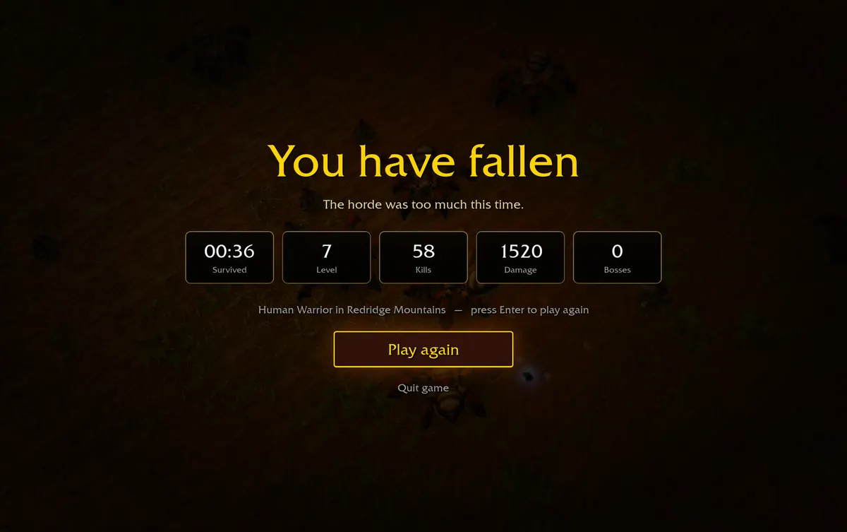 Azeroth Survivors results screen with survived time, level, kills, damage and boss count