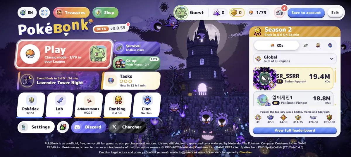 New PokéBonk menu with Play, Survival, Co-op and a seasonal event