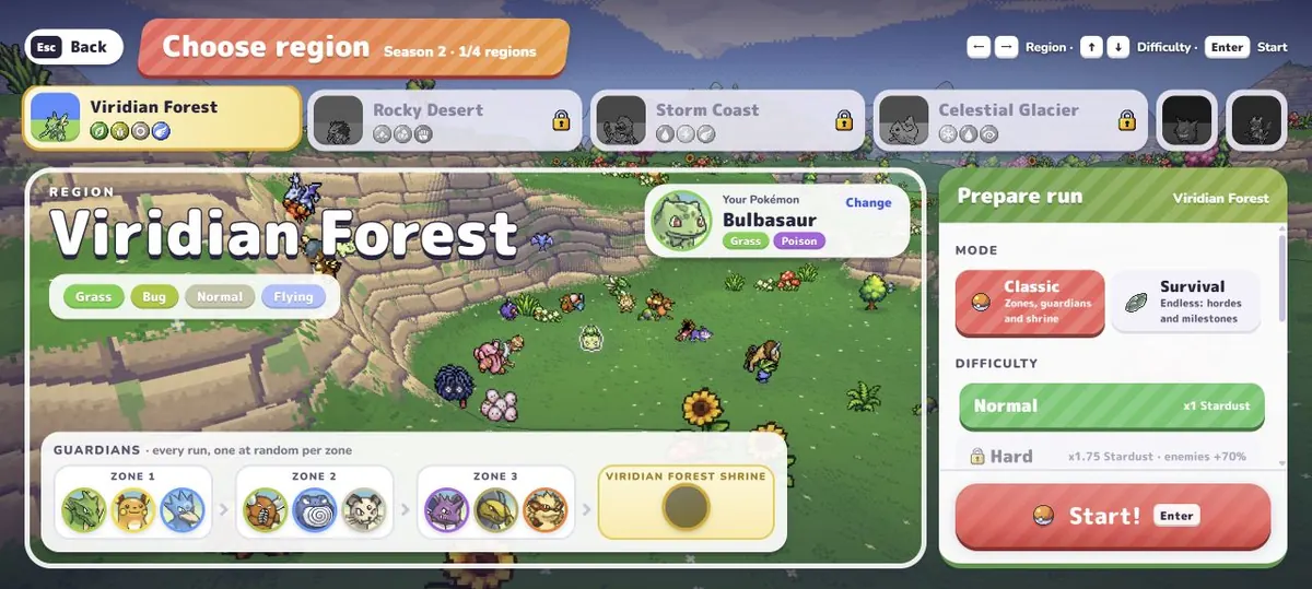 Viridian Forest region and run settings in the new PokéBonk build