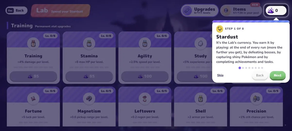 PokéBonk Lab tutorial explaining Stardust and permanent upgrades