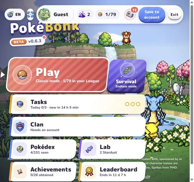 PokéBonk main menu with Play and Survival mode buttons