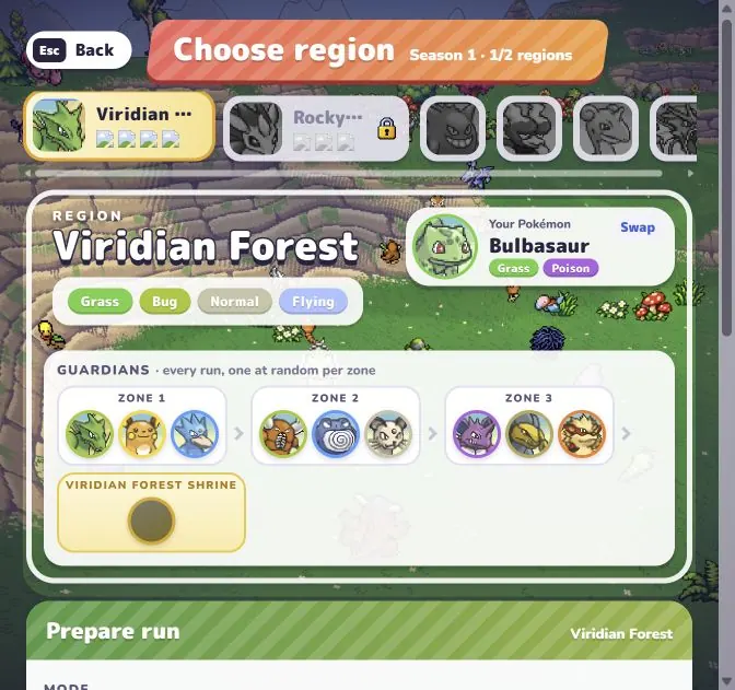 Viridian Forest region selection with type tags and guardian list in PokéBonk