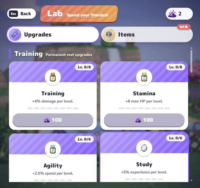 PokéBonk Lab showing permanent training upgrades bought with Stardust