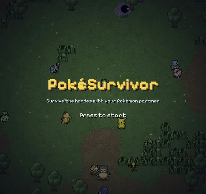 PokéSurvivor title screen over a pixel art field