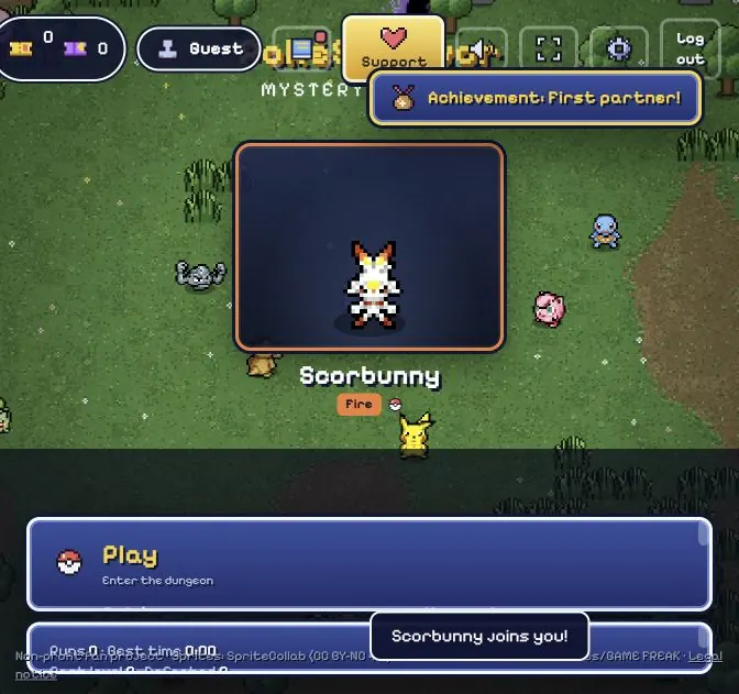 PokéSurvivor menu with Play, Pokémon, Upgrades and Missions