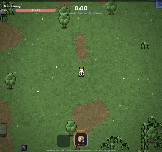 Scorbunny in a PokéSurvivor dungeon at the start of a run