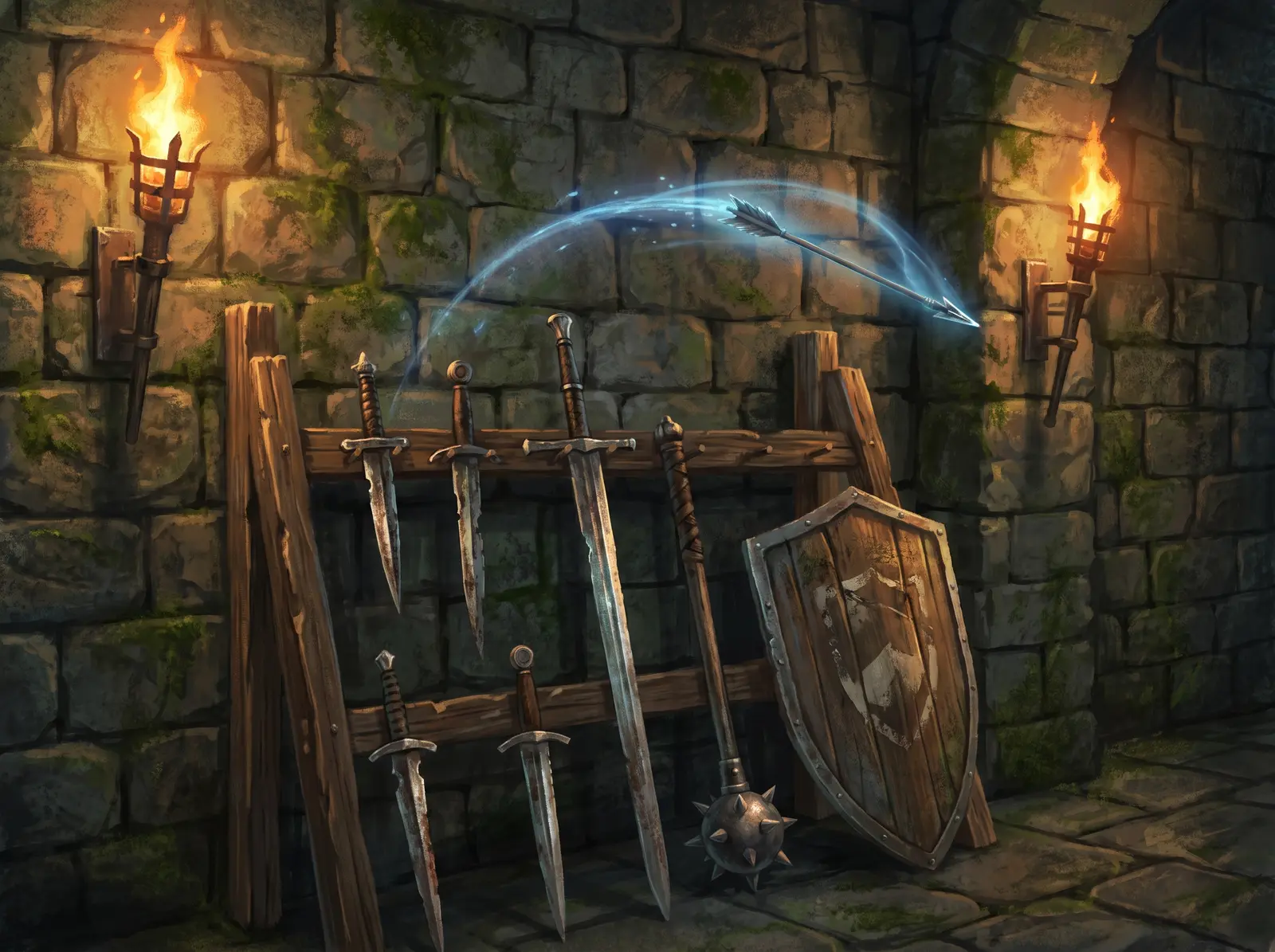 Daggerfall weapons lined up on a stone bench