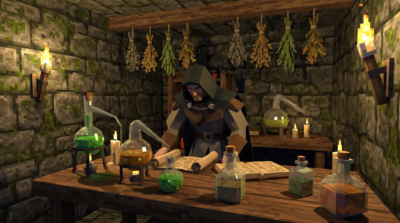 An alchemist's workbench in Daggerfall, with ingredient bottles and a cauldron
