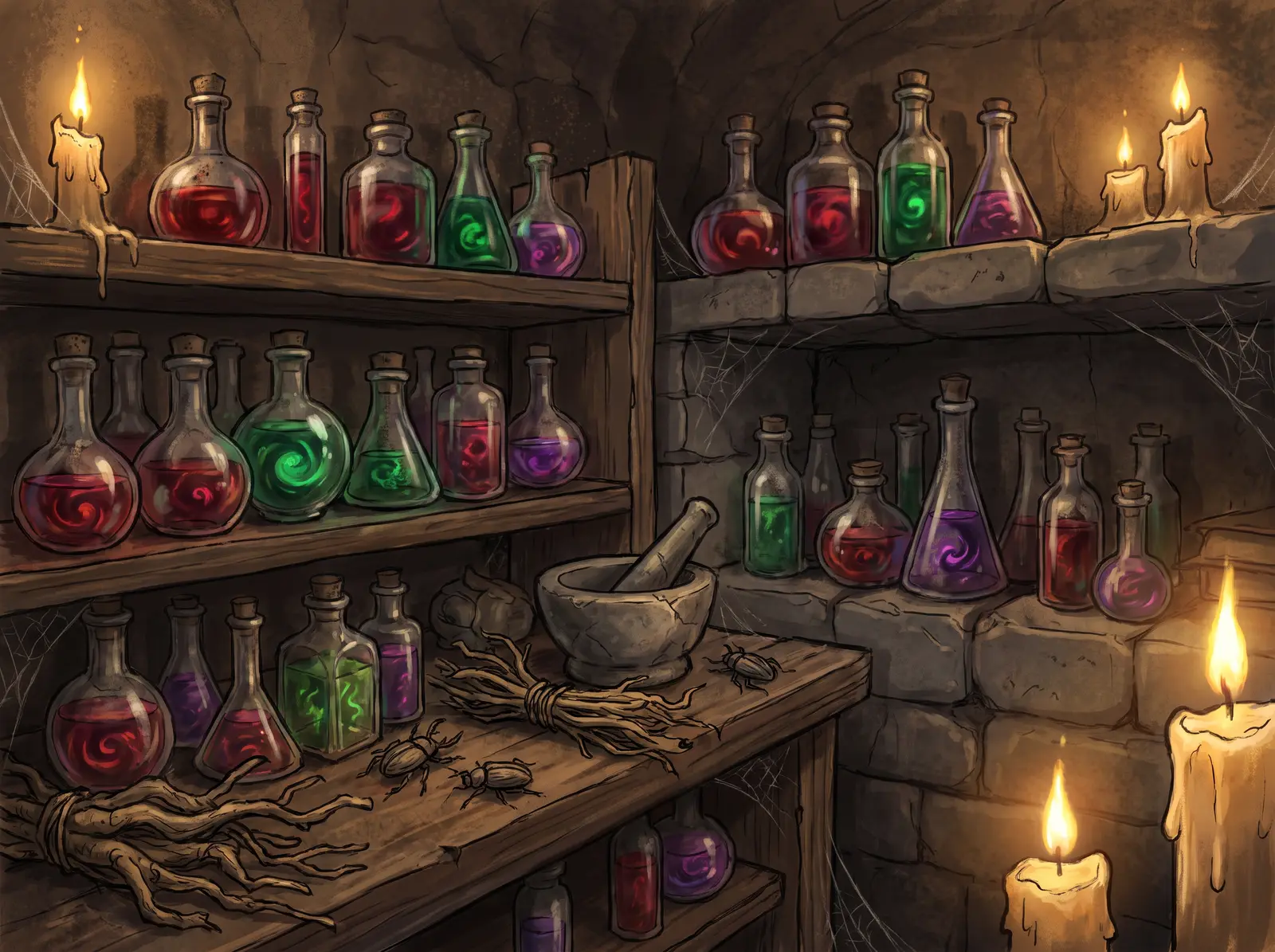 Daggerfall ingredient shelf showing bottles, metals, flowers and monster parts