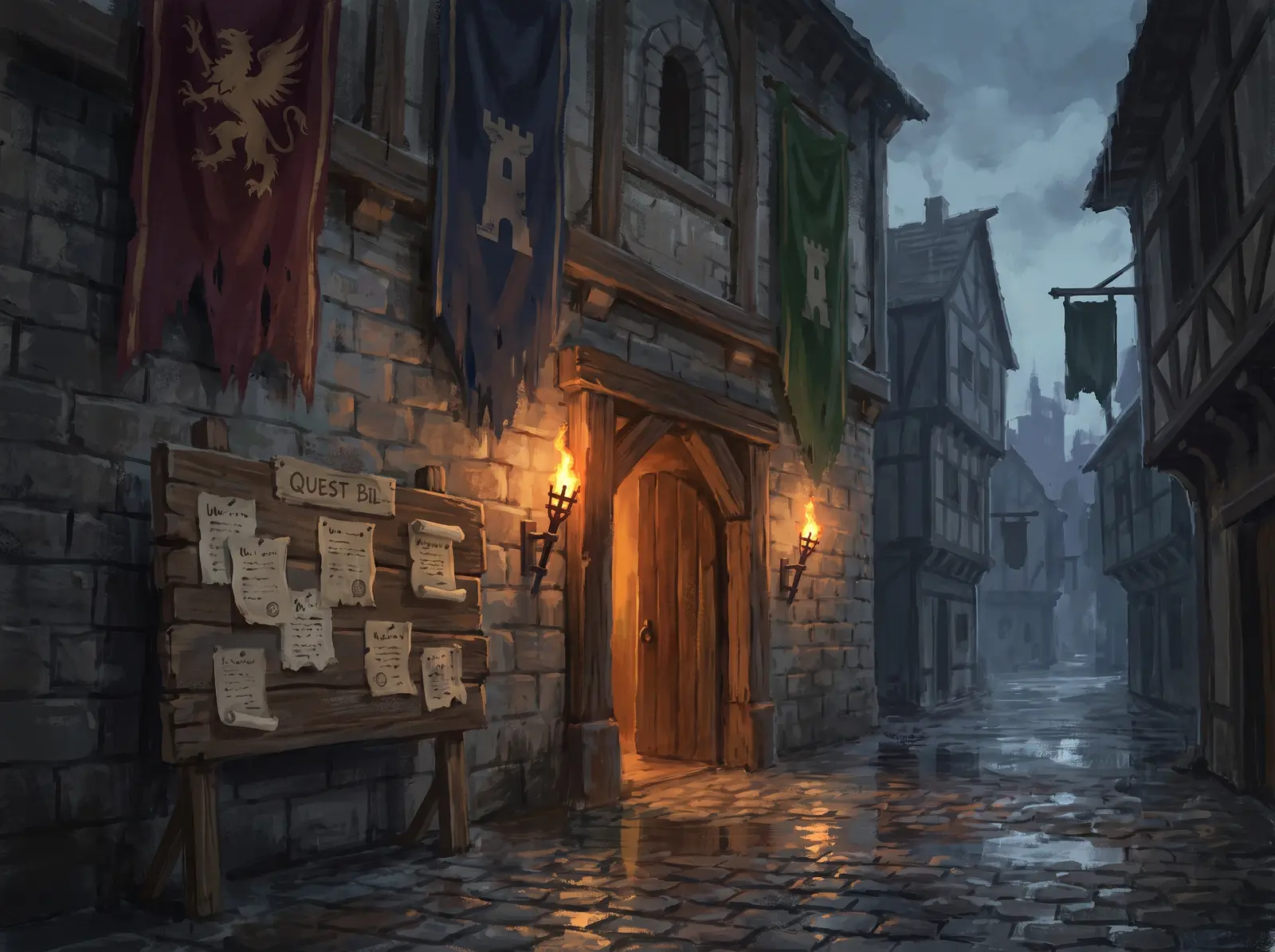 A Daggerfall guildhall interior with NPCs, a trainer and service counters
