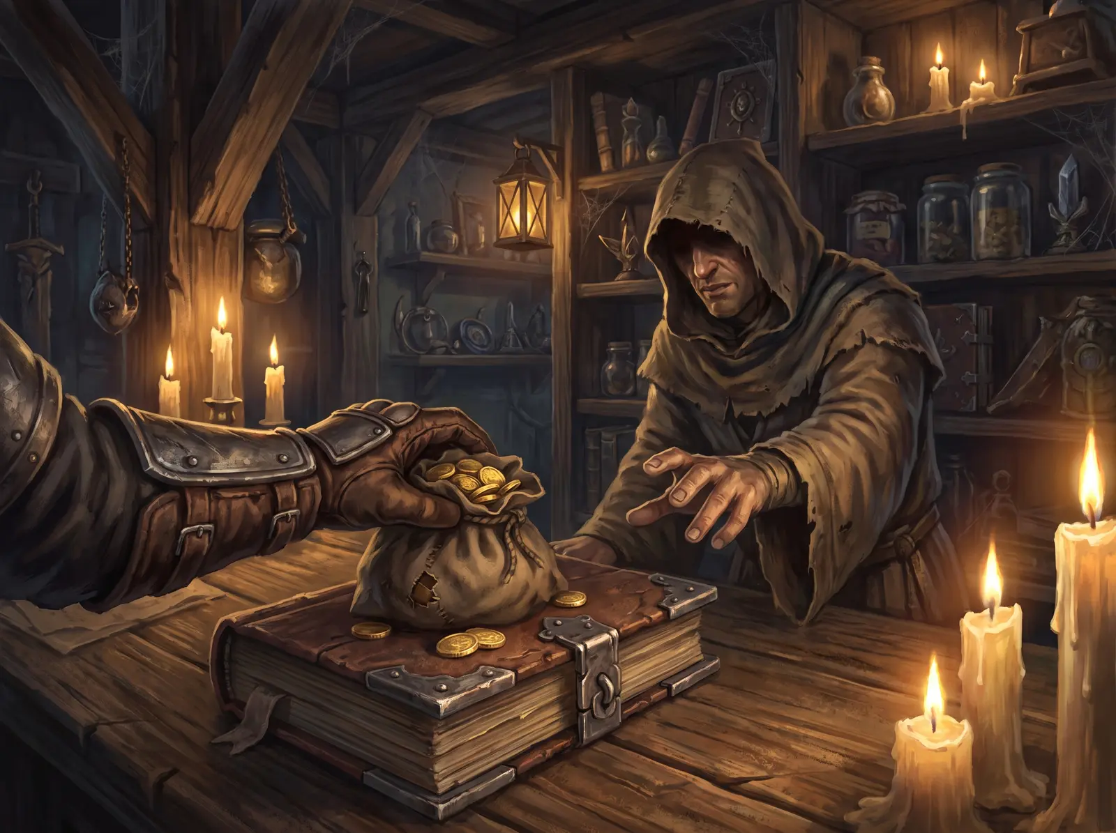 A Daggerfall shop counter with a merchant, goods and a purse of gold