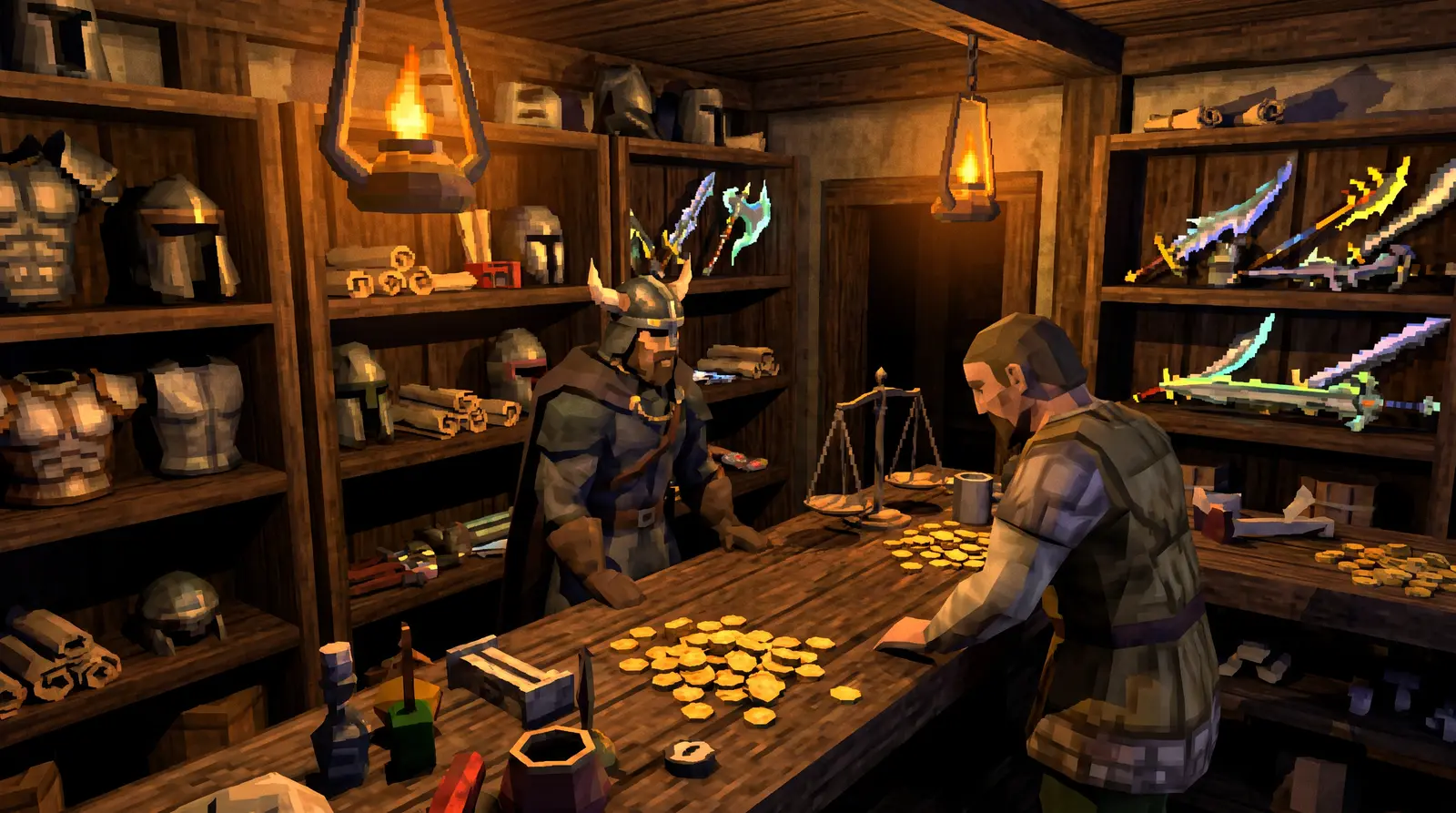 A Daggerfall town market street with several shopfronts and a bank