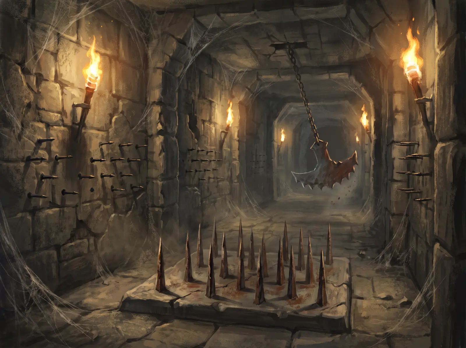A Daggerfall dungeon corridor with a trap corridor and a green exit marker