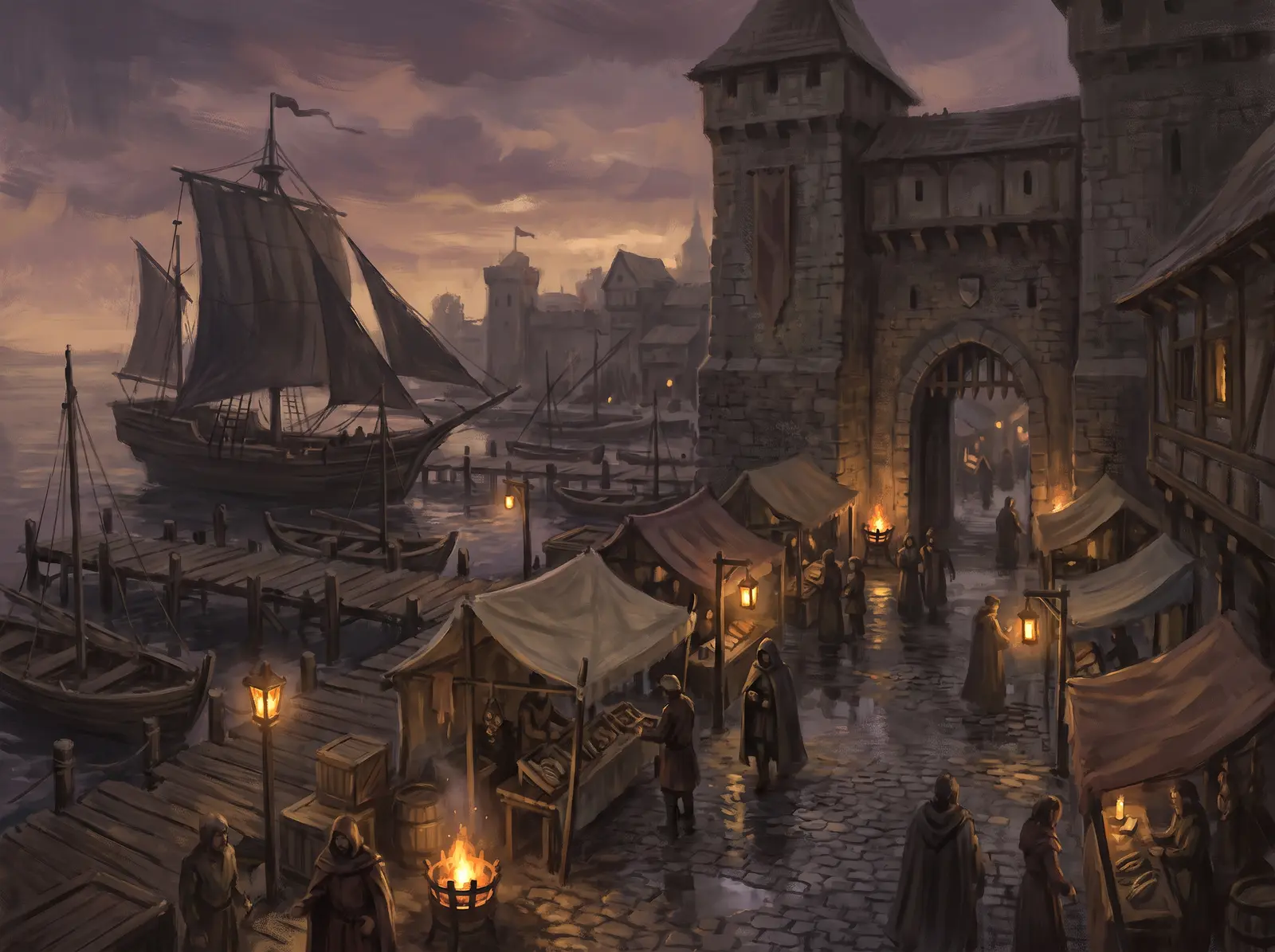 A harbour town on the Iliac Bay with a ship at the dock and walls beyond