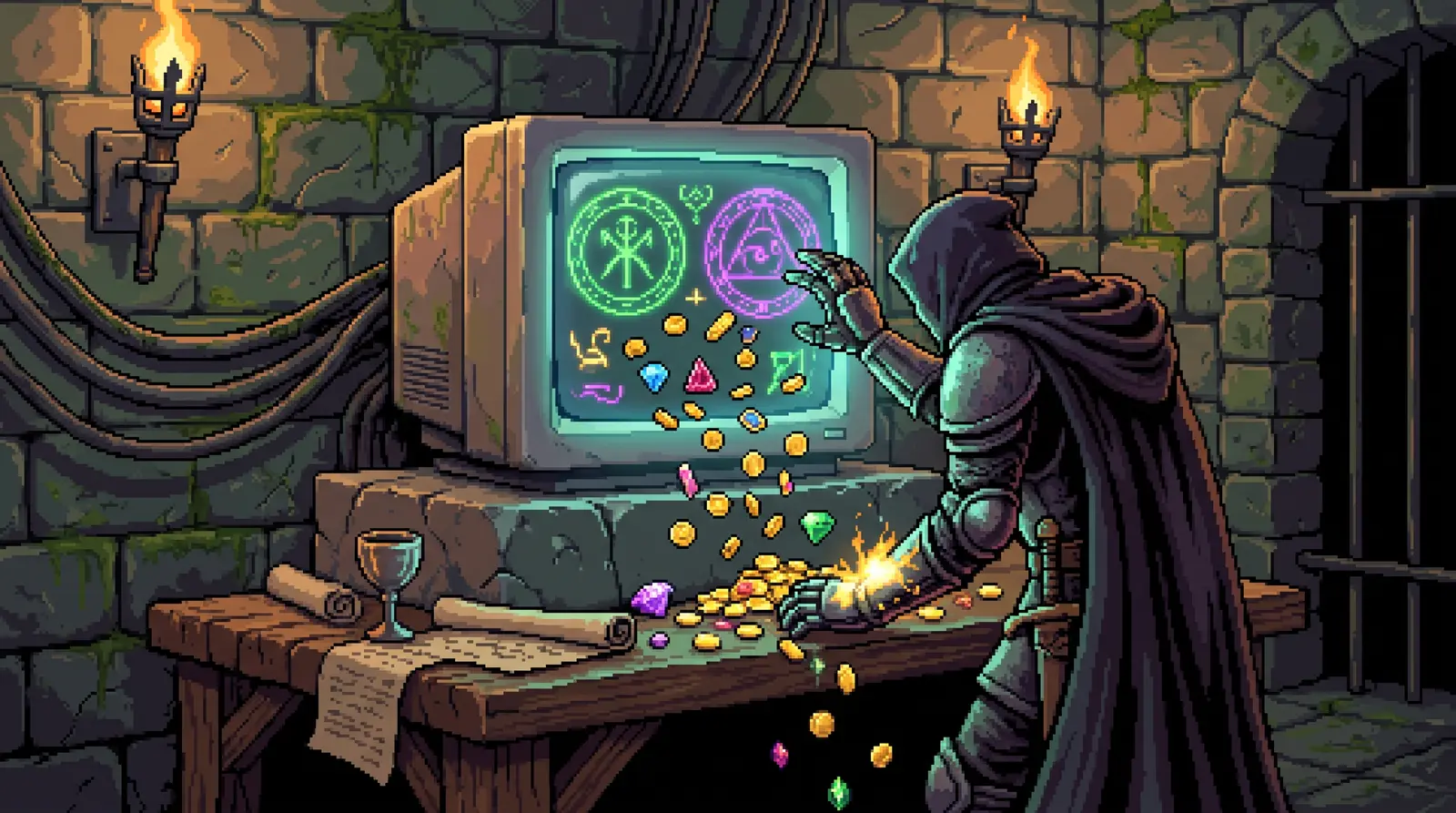 A dark fantasy debug interface panel with dim green readouts, evoking the Daggerfall cheat mode screen